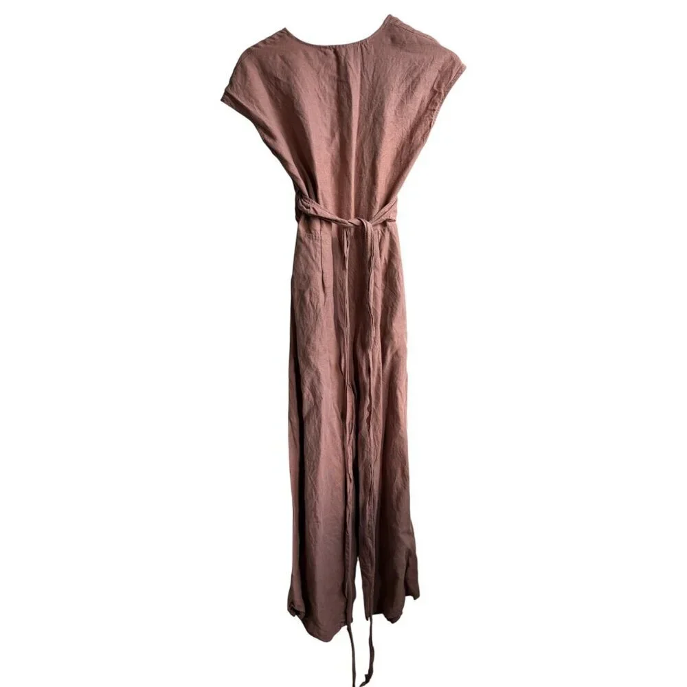 Aritzia Wilfred Brax Wrap Jumpsuit Wide Leg Size 0 Nutmeg Brown Linen Blend